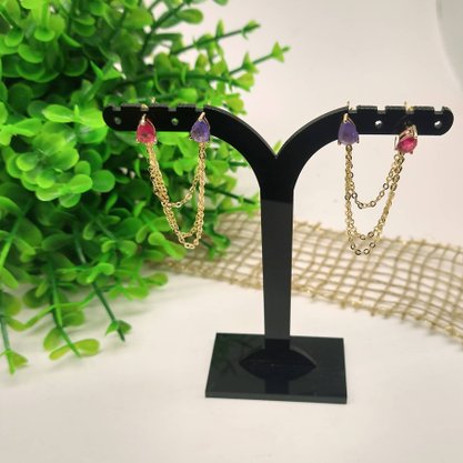 Brinco Semi Jóia Dourado Pedra Natural Rosa e Lilás