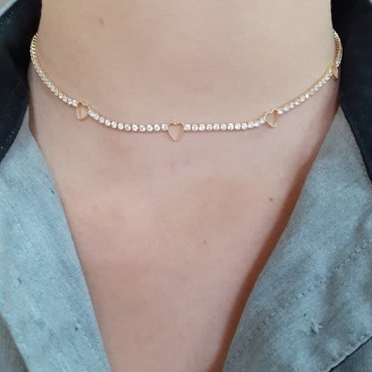 Chocker Semi Jóia Dourado com Zircônias