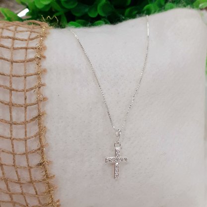 Colar Prata com Pingente Cruz com Zircônias