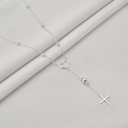 Colar Rosário Prata com Fecho Cruz e Coração