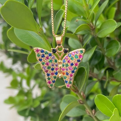 Colar Semi Jóia Dourado Borboleta Colorida