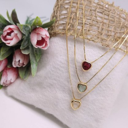 Colar Semi Jóia Dourado Coração Colorido
