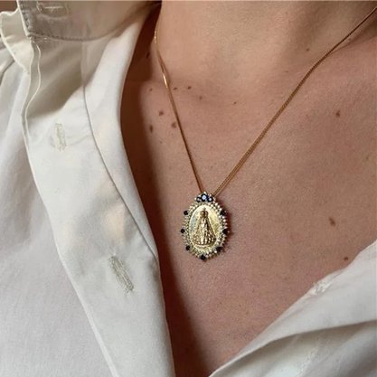 Colar Semi Jóia Dourado N S Aparecida com Zircônias