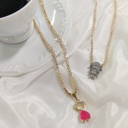 Colar Semi Jóia Dourado Riviera Menina Pedra Rosa