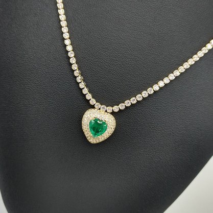 Colar Semi Jóia Dourado Zircônias com Pedra Verde