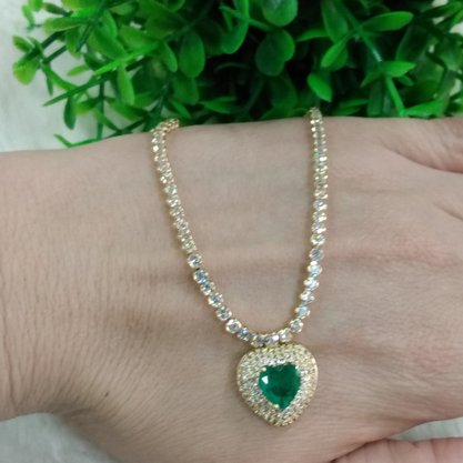 Colar Semi Jóia Dourado Zircônias com Pedra Verde