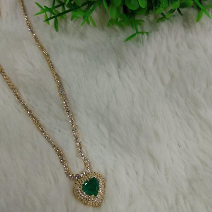 Colar Semi Jóia Dourado Zircônias com Pedra Verde
