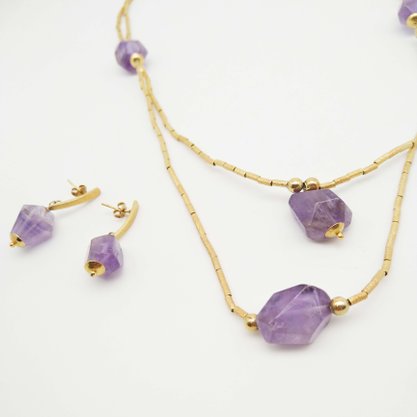 Conjunto Semi Jóia Dourado Pedras Lilás