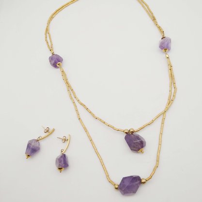 Conjunto Semi Jóia Dourado Pedras Lilás