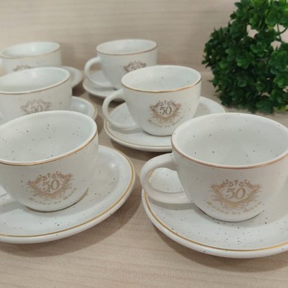 Jogo de Xícara Café Diceart Cerâmica Bodas de Ouro