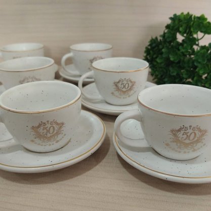 Jogo de Xícara Café Diceart Cerâmica Bodas de Ouro