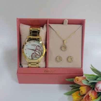 Kit Relógio Condor Feminino Dourado Borboleta