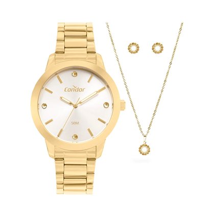 Kit Relógio Condor Feminino Dourado com Pedras