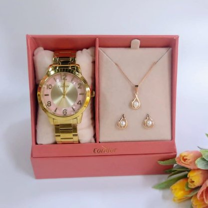 Kit Relógio Condor Feminino Dourado e Rosa