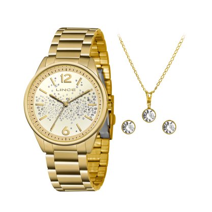 Kit Relógio Lince Feminino Dourado
