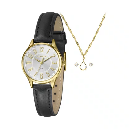 Kit Relógio Lince Feminino Dourado com Números