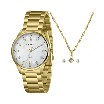 Kit Relógio Lince Feminino Dourado com Pedras