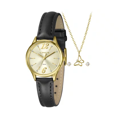 Kit Relógio Lince Feminino Dourado com Pedras