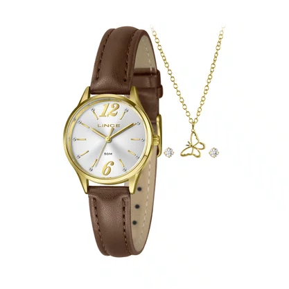 Kit Relógio Lince Feminino Dourado com Pedras