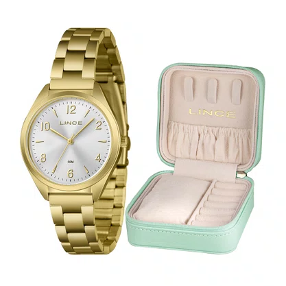Kit Relógio Lince Feminino Dourado com Porta Jóia