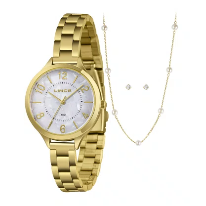 Kit Relógio Lince Feminino Dourado Madrepérola
