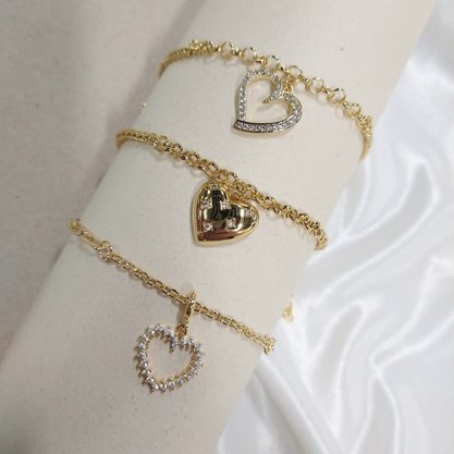 Pulseira Semi Jóia Dourada Coração com Pedras