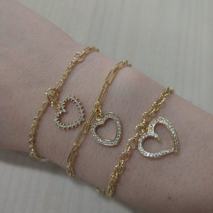 Pulseira Semi Jóia Dourada Coração com Pedras