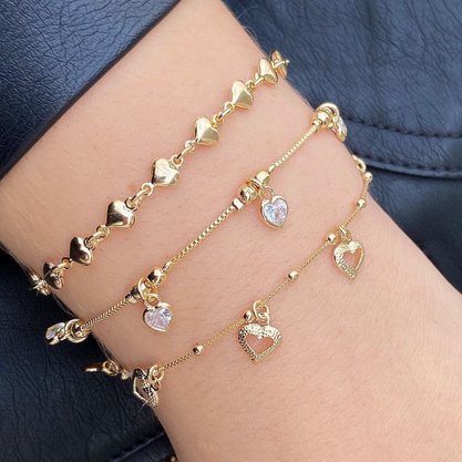 Pulseira Semi Jóia Dourada Corações