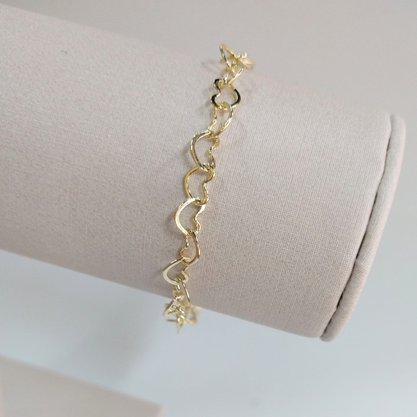 Pulseira Semi Jóia Dourada Feminina Corações