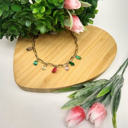 Pulseira Semi Jóia Dourada Pedras Coloridas