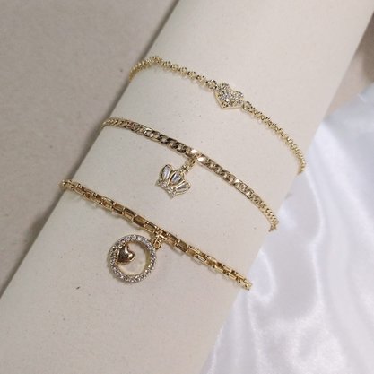 Pulseira Semi Jóia Dourada Pingente Coroa