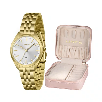 Relógio Lince Feminino Dourado com Porta Jóia