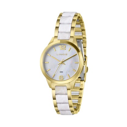 Relógio Lince Feminino Dourado e Cerâmica Branca