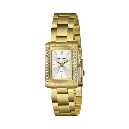 Relógio Lince Feminino Dourado Quadrado com Pedras