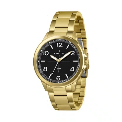 Relógio Lince Masculino Aço Dourado Fundo Preto