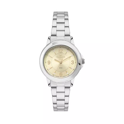 Relógio Technos Feminino Prata Visor Dourado