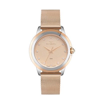 Relógio Technos Feminino Rose e Prata com Pedras