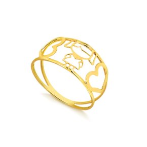 Anel Ouro 416 Aro Duplo Menina e Corações