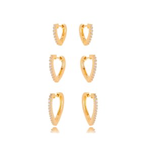 Argola Semi Jóia Dourada Trio Coração com Pedras