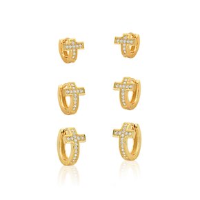 Argola Semi Jóia Dourada Trio Cruz com Pedras