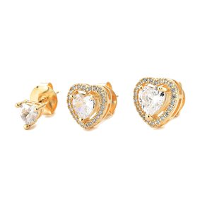 Brinco Semi Jóia Dourado Trio Coração com Pedras