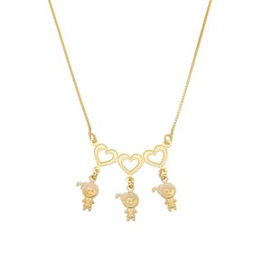 Colar Semi Jóia Dourado Trio de Filhos com Coração