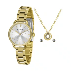 Kit Relógio Lince Dourado com Pedras