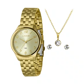 Kit Relógio Lince Feminino Dourado Números